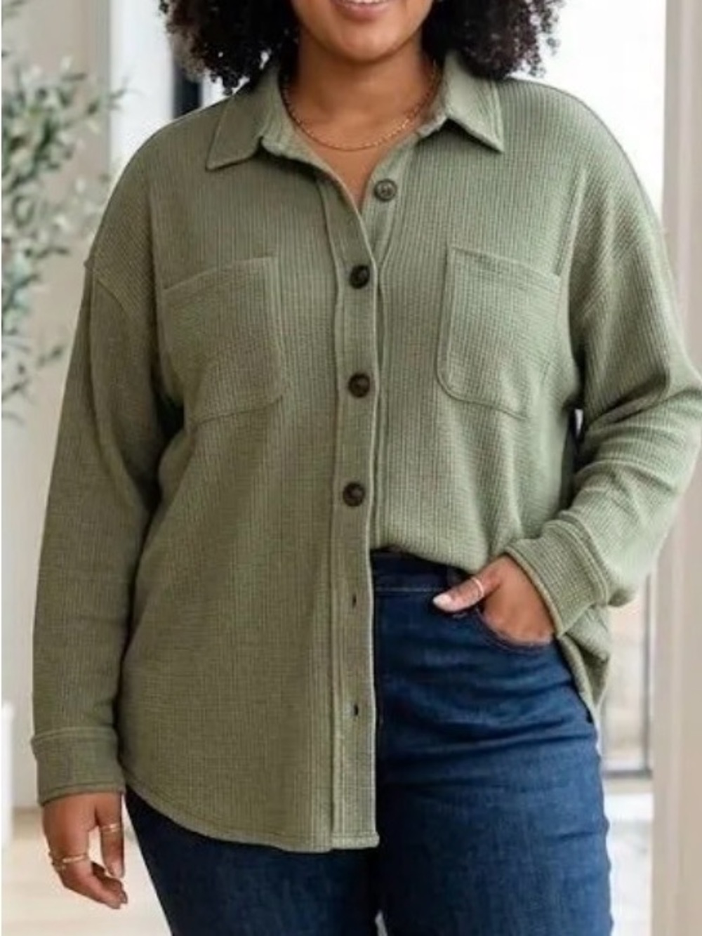 Time and Tru Olive Green Waffle-Knit Button-Down Shirt
